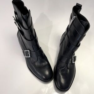 IVANKA TRUMP booties black leather uppers size 8 1/2 M with 3 straps NWOT